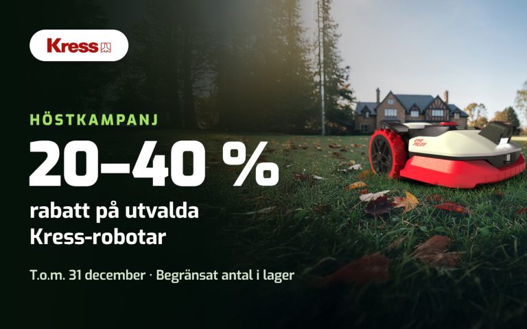 Kress robotgräsklippare på höstgräsmatta – 20–40 % rabatt på utvalda modeller